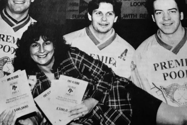 Fife Flyers’ own lottery, Premier Pools, became the team’s main shirt sponsor.
Launching the deal is Shameen Dougall, lottery promoter, with players Neil Smith, Mark Morrison and Iain Robertson.