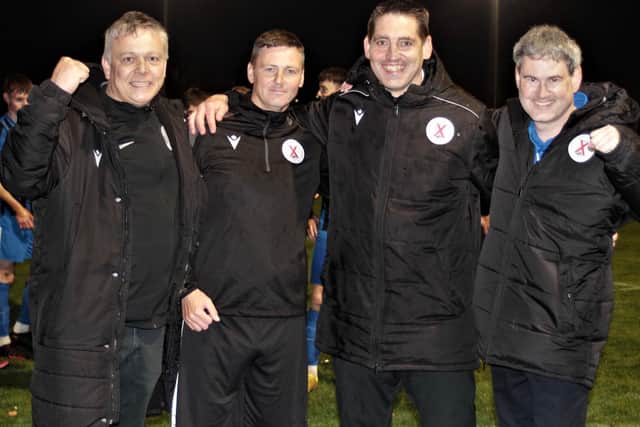 St Andrews United manager Robbie Raeside and his coaching team after Tuesday's 4-0 win at home to Ormiston Primrose (Pic: John Stevenson)