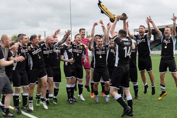 FC Livingston GS celebrate winning 2023 IFA British Cup final by beating Preston North End Supporters Team FC (Pic John Love)