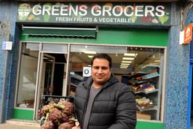 Faiz Rehman, owner of Greens Grocers, is pictured outside his new shop in Kirkcaldy High Street. Pic: Fife Photo Agency.