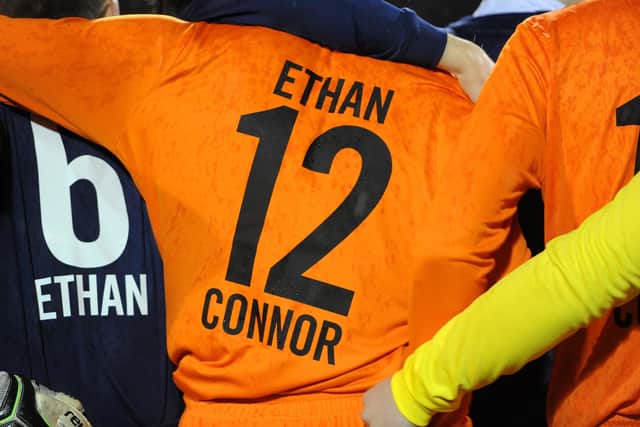 The names of young footballers Connor Aird and Ethan King were added to jerseys produced for a memorial match staged at Stark's Park, Kirkcaldy (Pic: Fife Photo Agency)