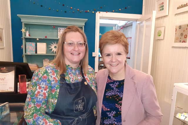 The First Minister visited My Cherry Pie. She is pictured with owner Gail Cadogan.