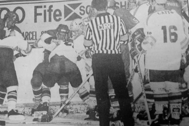 The 1990 brutal fight between defenceman Mike Rowe and Chris Kelland, Murrayfield Racers.
Rowe was branded a "lumberjack" by Racers' coach Leo Koopmans - and it led to an effigy of  the Flyers' player  being hung from the rafters of Murrayfield Ice Rink when the teams played again two weeks later.