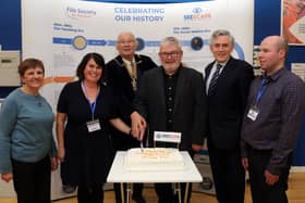 From left: Cllr. Judy Hamilton, Lesley Carcary (CEO Seescape), Provost Jim Leishman, Doug Stalker (Chair of Seescape),  Gordon Brown (Honorary President), and Stuart Beveridge (Head of Accessible Technology). (Pic: Ian Sloan)