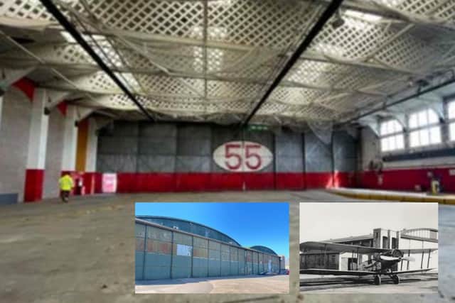Hangar 55, the subject of the refurbishment work. Insets: the airbase shed and in 1939 (Pics: Fife Council planning portal)