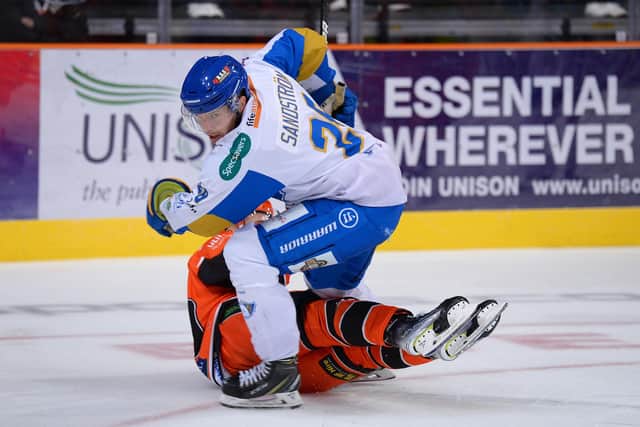 Lucas Sandstrom icing for Fife Flyers against his former team, Sheffield Steelers (Pic: Dean Woolley)