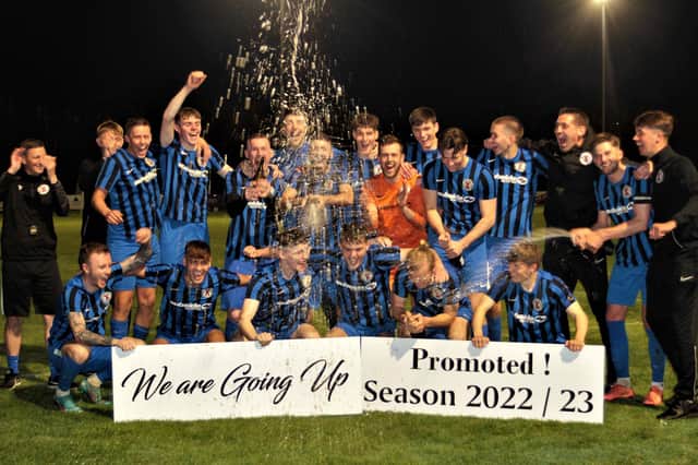 St Andrews United celebrating securing promotion to the East of Scotland Football League's first division by beating Ormiston Primrose 4-0 on Tuesday (Pic: John Stevenson)