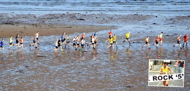 Black Rock '5' runners on Kinghorn beach and (inset) 2019's winner, Jamie Crowe. (Pics: Fife Photo Agency)