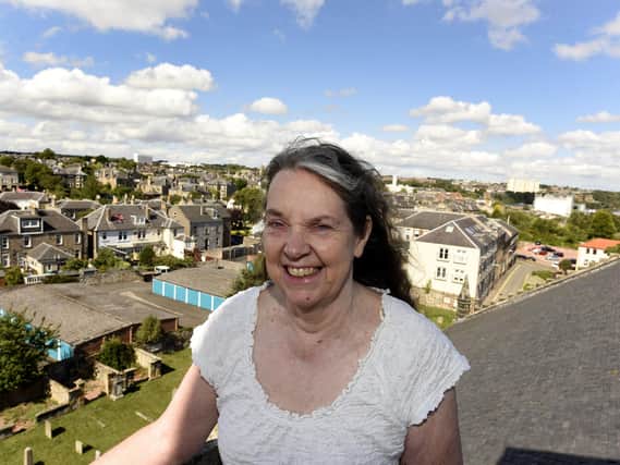 Rosemary Potter at top of the Old Kirk's  tower