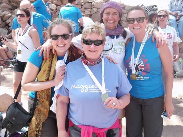 Janice Allan ( centre) on her Jordan trek. On the right is actress Charlie Brooks from Eastenders