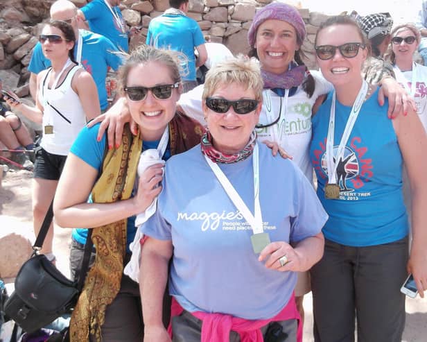 Janice Allan ( centre) on her Jordan trek. On the right is actress Charlie Brooks from Eastenders