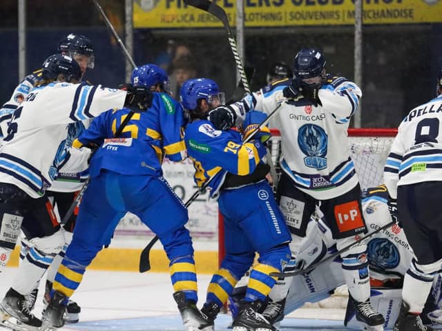 A pile on in front of Coventry Blaze net in the game at Fife Ice Arena on Saturday (Pic: Jillian McFarlane)
