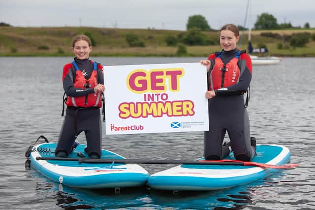 Leah and Eden enjoying paddleboarding at Lochore Meadows with Get into Summer.