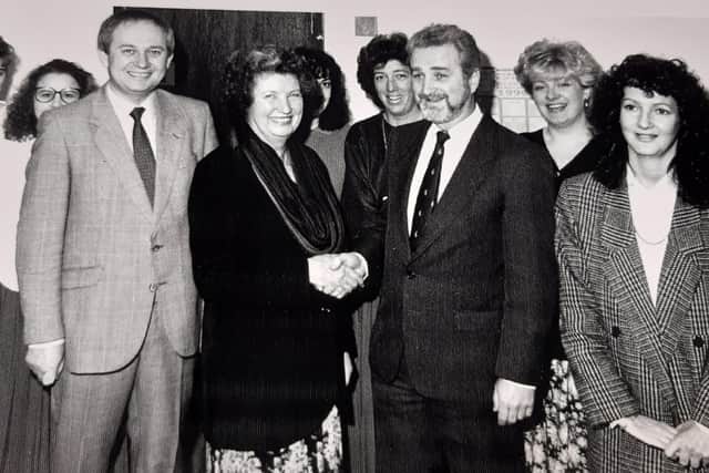Fife Free Press - the retiral of Margaret Gavin, head of accounts (centre) with Stuart McPherson, then managing director, and colleagues