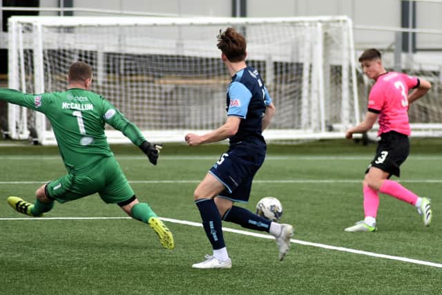 Liam Newton prods home after latching onto the ball in the Forfar box (Photo: Kenny Mackay)