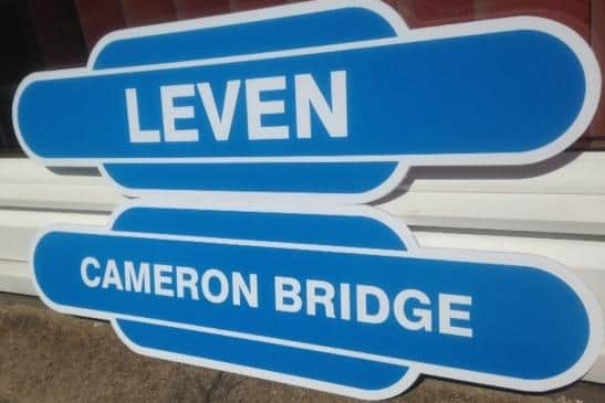 Mock signs for Leven and Cameron Bridge made up by Levenmouth Rail Campaign. 