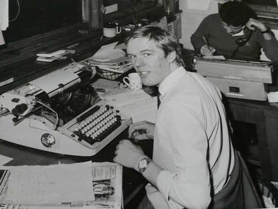 Newsroom - Cumnock Chronicle, early 1980s. Allan Crow (front) and Gerry Cassidy (chief reporter) (back).