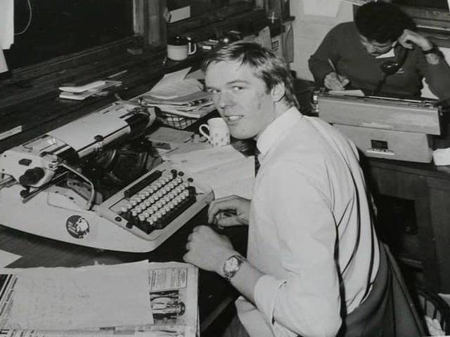 Newsroom - Cumnock Chronicle, early 1980s. Allan Crow (front) and Gerry Cassidy (chief reporter) (back).