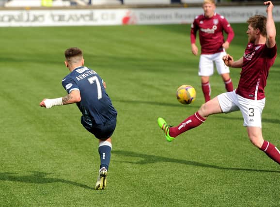 Dan Armstrong scores his second goal against Arbroath (Pic: Fife Photo Agency)