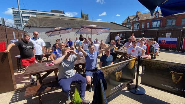 Hartlepool United fans at The Park Inn last Sunday while watching the club's semi-final play-off victory over Stockport County.