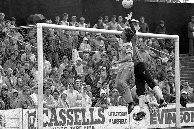 Mark Kearney challenges the keeper in Stags' 1987 home game with Walsall.