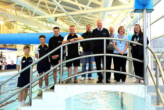 Beacon Leisure Centre in Burntisland marks its 25th anniversary in the town. Pictured is manager Paul Hossack with staff. Pic: Fife Photo Agency.
