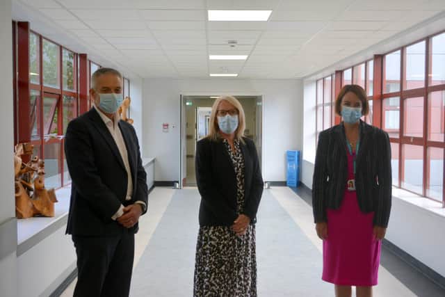 Caroline Lamb, Caroline Lamb, and John Burns on a visit to Fife's hospitals