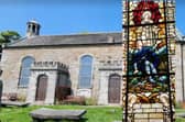 Auchtertool Kirk and one of its stained glass windows