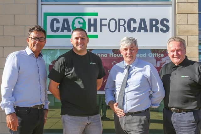 From left:  Mark Godfrey ((Director of Strategy, Marketing &amp; Copart Automotive),;  George Johnston, (Cash for Cars General Manager), Cllr Altany Craik, and  Scott Bathgate (head of Cash for Cars).
