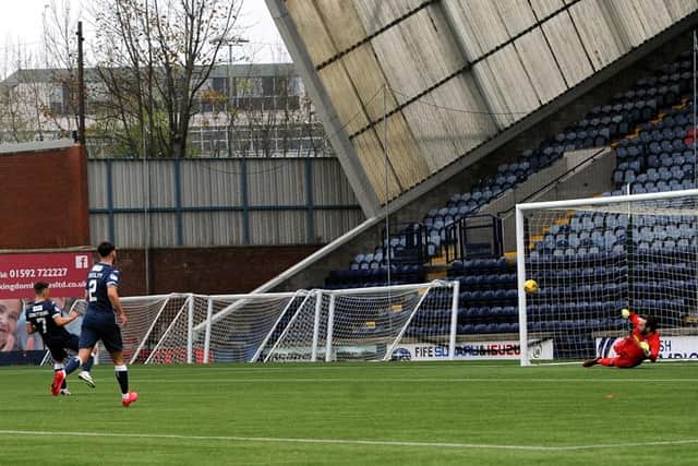 Dan Armstrong opens the scoring for Raith Rovers from the spot against Morton (picture by Fife Photo Agency)