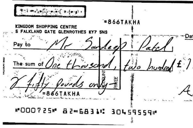 An image of one of the fraudulent cheques. It is the cheque Patel tried to deposit on October 23, 2019 when a suspicious teller stopped the payment. Pic: Courtesy of Crown Office.