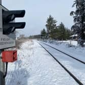 A snowy scene looking north at Ladybank station