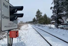 A snowy scene looking north at Ladybank station
