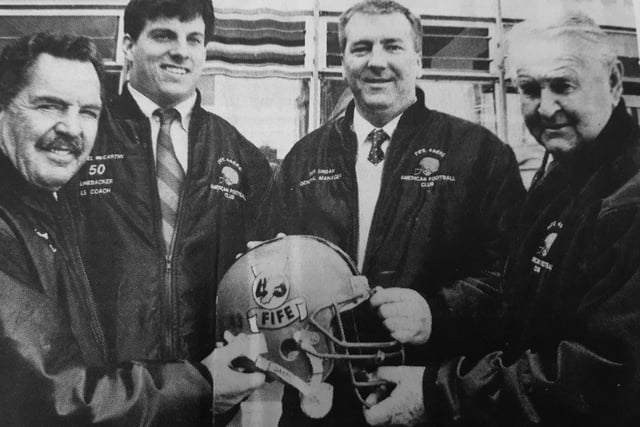 `Fife 49ers, the region’s American football team, unveiled their coaching team for the new season.
It included Merritt Stanfield who came to Scotland on a golfing holiday and ended up getting the job.
He is with Dan McCarthy, Des Urban, GM, and defensive coach Paul Grieves.
