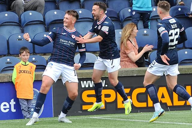 On-loan Kilmarnock striker Kyle Connell celebrating with Aidan Connolly after scoring for Raith Rovers against Ayr United at Stark's Park in Kirkcaldy on Saturday (Pic: Fife Photo Agency)