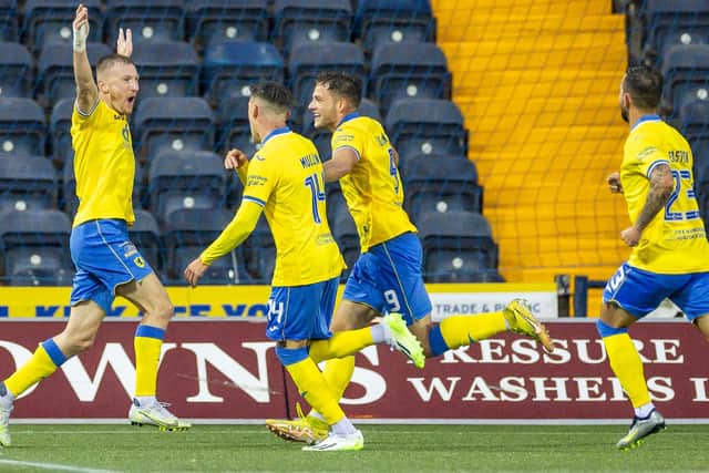 Liam Dick (1st left) celebrates after making it 2-1 for Raith Rovers at Kilmarnock (Pic by Roddy Scott/SNS Group)