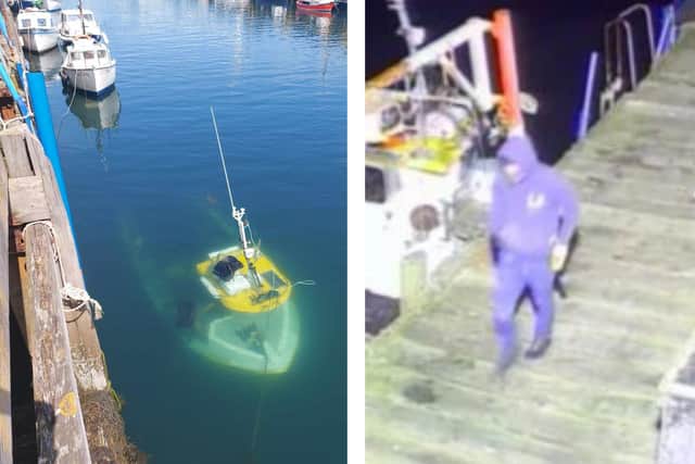 CCTV image of the man seen at the docks, and the boat lies submerged in the water (Pics: Submitted)