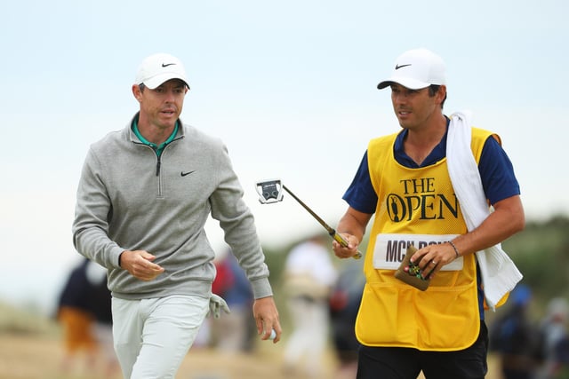Rory McIlroy of Northern Ireland and caddie Harry Diamond walk on the 13th hole during Day Three of The 150th Open at St Andrews Old Course on July 16, 2022 in St Andrews, Scotland. (Photo by Andrew Redington/Getty Images)