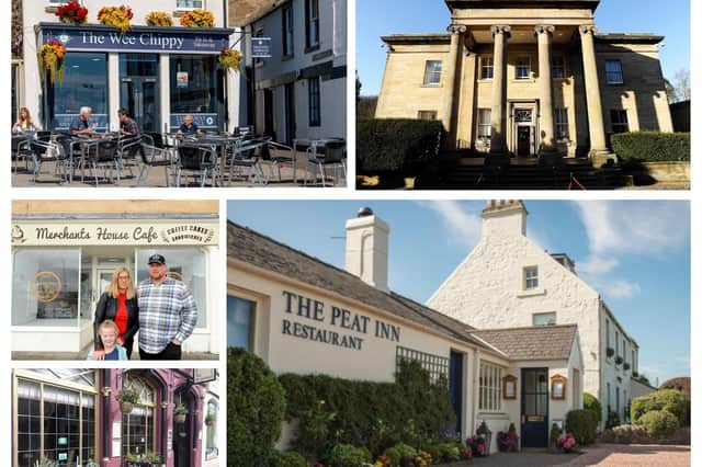 Some of the Fife businesses in the running for the Food Awards Scotland 2023.  Clockwise from top left: The Wee Chippy, Anstruther; Balbirnie House, Markinch; The Peat Inn, Peat Inn; The Boudingait, Cupar and Merchants House Cafe, Kirkcaldy.