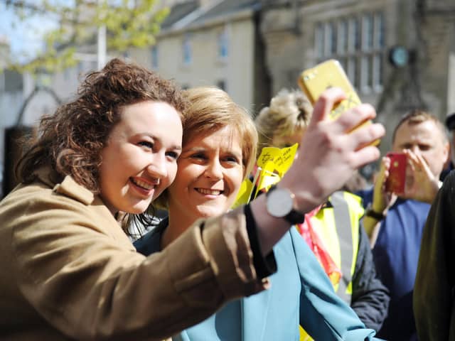 Scotlands first minister Nicola Sturgeon in St Andrews poses for one of the many selfies on a visit in 2015
