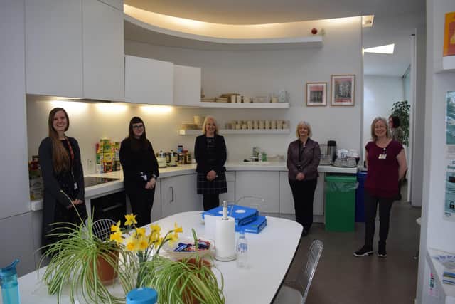 Staff along with Wilma Brown, NHS Fife employee director in the new support hub for staff based in the Maggie’s Centre adjacent to Victoria Hospital. Pic: Craig Hamilton/NHS Fife.