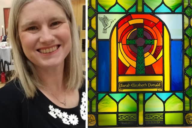 The new stain glass window in memory of Liz Donald