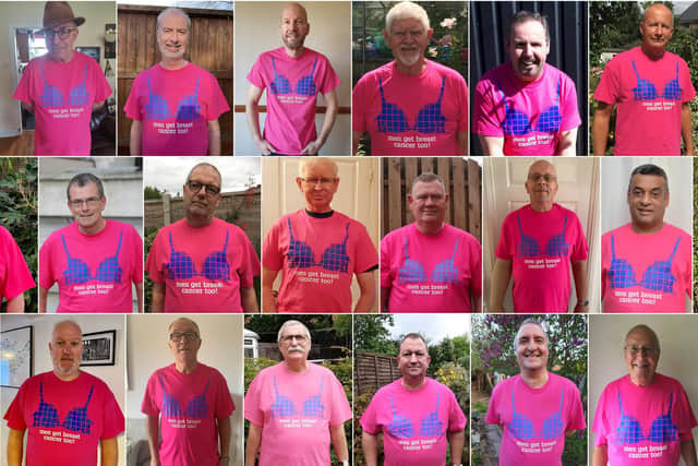 Some of the men who are taking part in the Men Get Breast Cancer Too! campaign.
