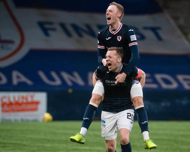 Scott Brown (front) and Raith team-mate Ross Millen celebrate after beating Motherwell in the last round of the Scottish Cup (Pic Craig Foy/SNS Group)