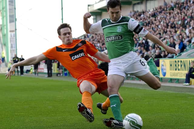 Dundee United's Keith Watson tackling his current Raith Rovers manager, Ian Murray, then at Hibernian, at Edinburgh's Easter Road in September 2011 (Pic: Bill Murray/SNS Group)
