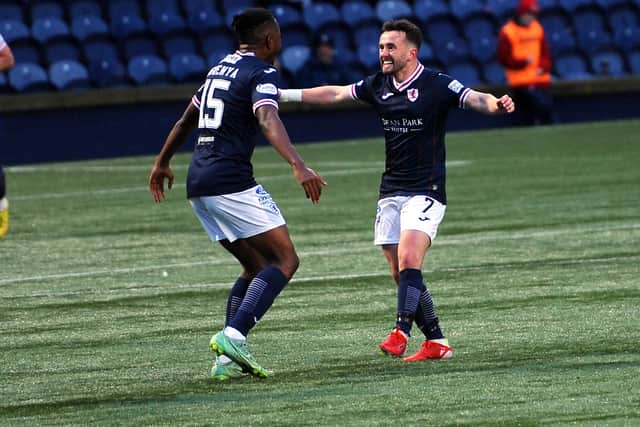 It's so different early on as Aidan Connolly clebrates scoring with Kieran Ngwenya (Pics Fife Photo Agency)