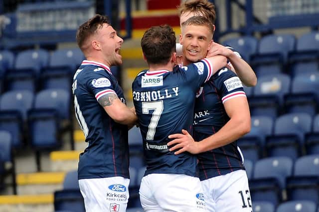 Raith Rovers players celebrating Tom Lang's goal versus Queen's Park at Stark's Park in Kirkcaldy (Pic: Fife Photo Agency)