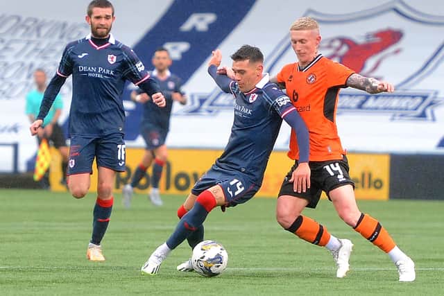Josh Mullin shielding the ball from Craig Sibbald during Raith Rovers' 1-1 draw at home to Dundee United at Kirkcaldy's Stark's Park on Saturday (Pic: Fife Photo Agency)
