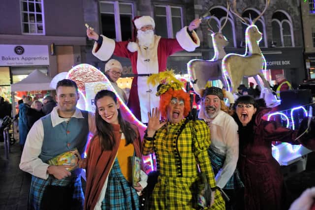 The stars of Ya Wee Sleeping Beauty with Santa at the lights switch on in Kirkcaldy (Pic: Cath Ruane)