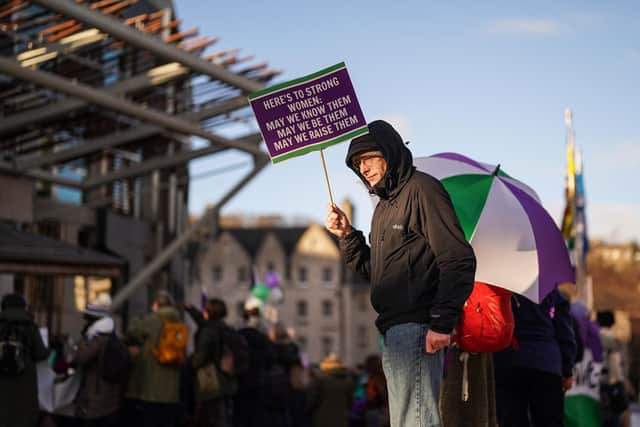 Protesters outside the Scottish Parliament during a No to Self-ID protest (Photo by Peter Summers/Getty Images)